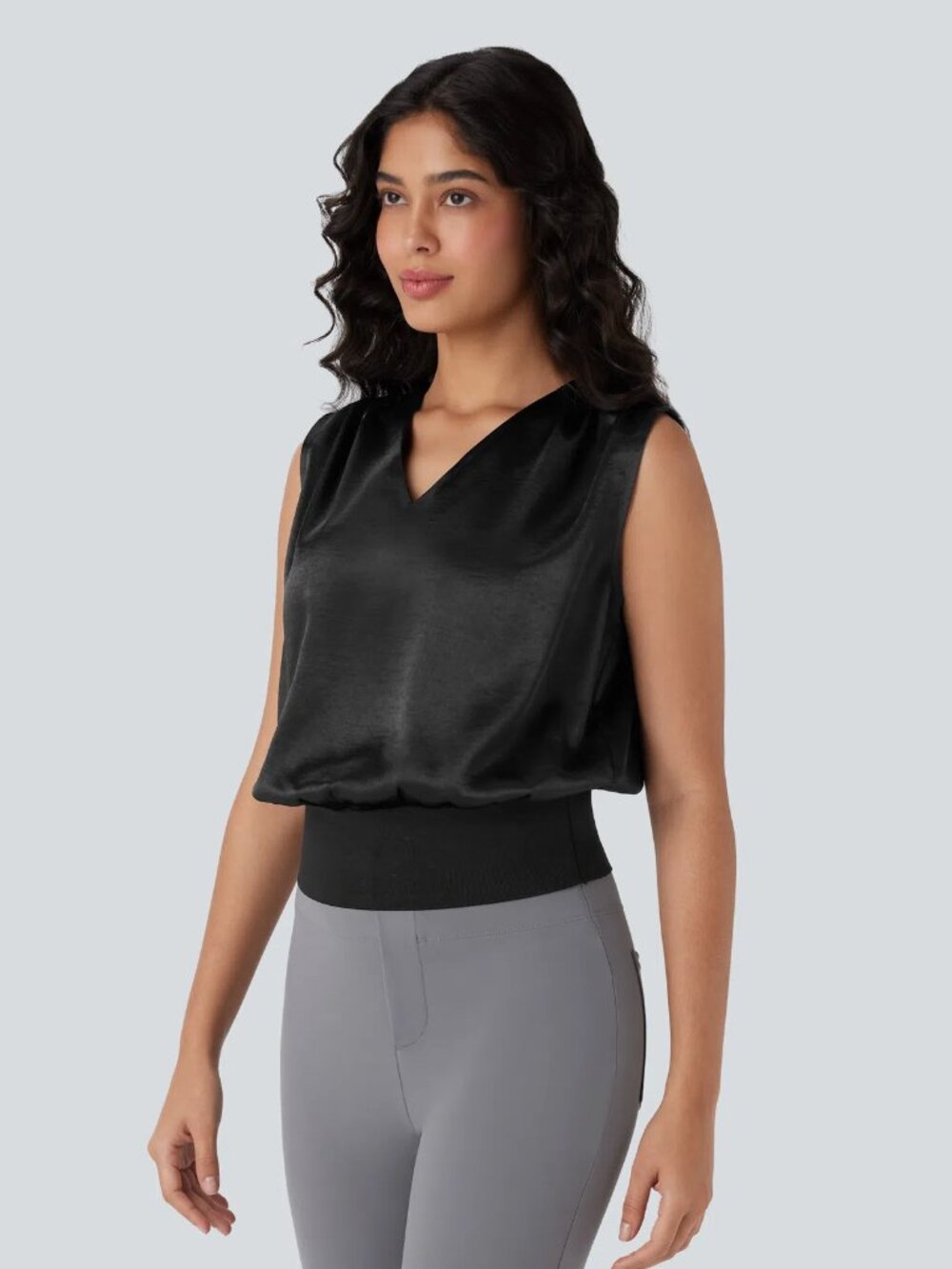 HALARA Black Silky Satin V-Neck Sleeveless Wide Hem Blouse Top NWT Size Medium